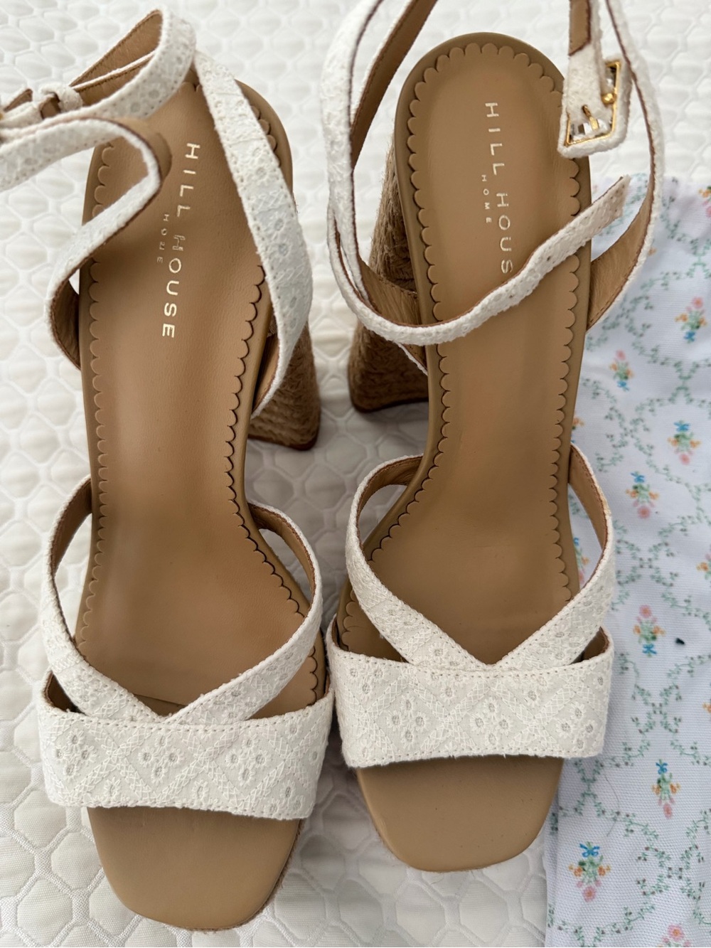 Hill House White Lace Block Heel Sandals with Ankle Strap